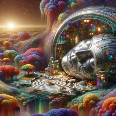 The primary subject of the image is a large, intricately designed metal head, which appears to be a sculpture or a part of a futuristic city. The setting is a colorful, surreal landscape with a mix of natural elements, such as trees and a sun, and artificial structures. The visual style is a combination of digital art and illustration, creating a vibrant and imaginative scene. The dominant colors in the image are a mix of bright, warm hues, such as oranges and yellows